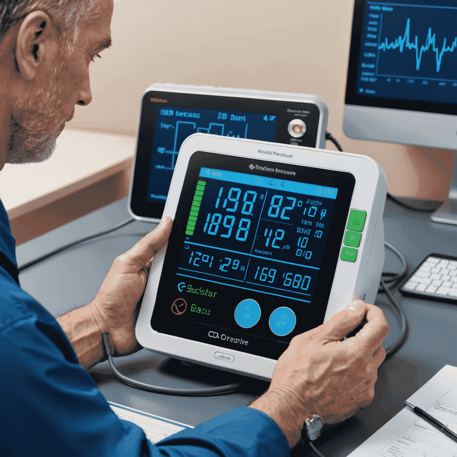 Ecran de tonometru BP Monitor Pro afișând procesul de actualizare software, cu un tehnician supraveghind procedura